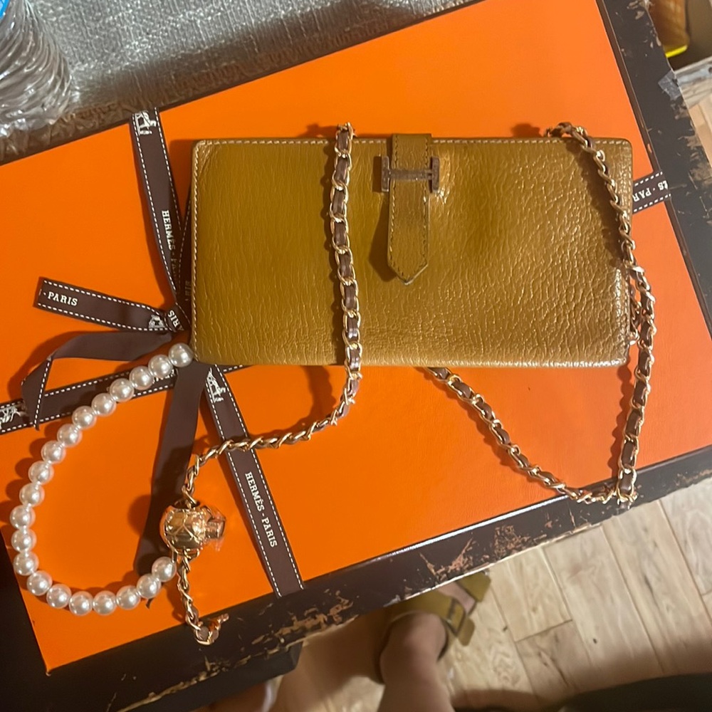 Hermes vintage brown wallet with a Gold Chain